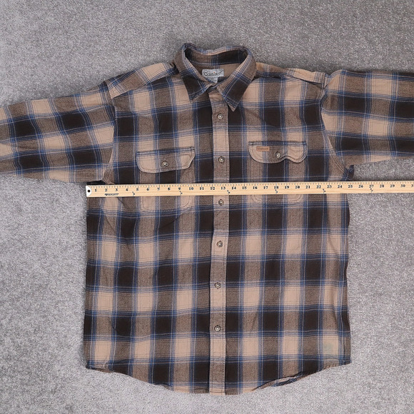 VTG Carhartt Plaid XL Brown Blue Long Sleeve Collared Full Button Shirt - Picture 4 of 10